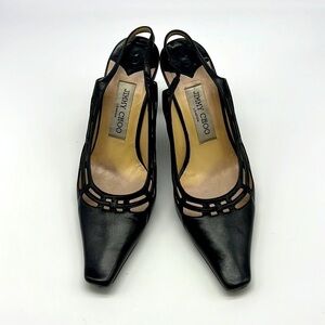 Jimmy Choo - Black Soft Leather Sling Back Cutout Square Toe Heels Size 36.5